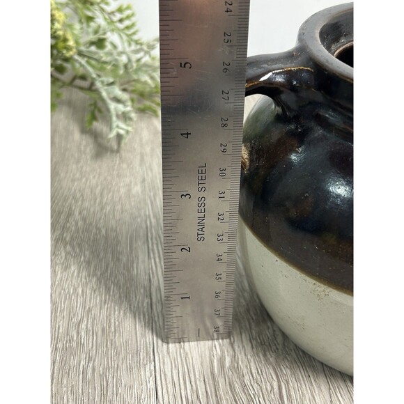 Vintage Two Tone Stoneware Glazed Crock Bean Pot w/ Handle Farmhouse Cottage - Picture 8 of 9